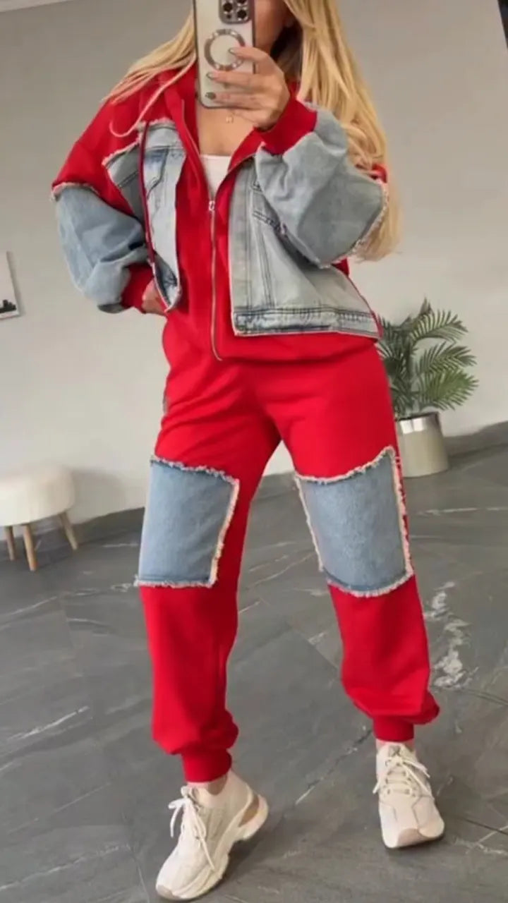 Women Collared Patchwork Denim Casual Suit