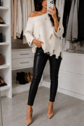 Women's Relaxed Off-Shoulder Knit Distressed Frayed Hem Long Sleeve Solid Ivory Top