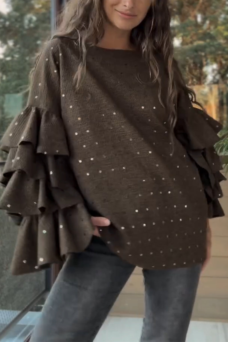 Women's Round Neck Rhinestone Spliced Multi-layer Sleeve Casual Knitted Top