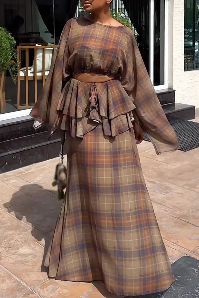 Women's Round Neck Plaid Top+ Patchwork Skirt Elegant Casual Set