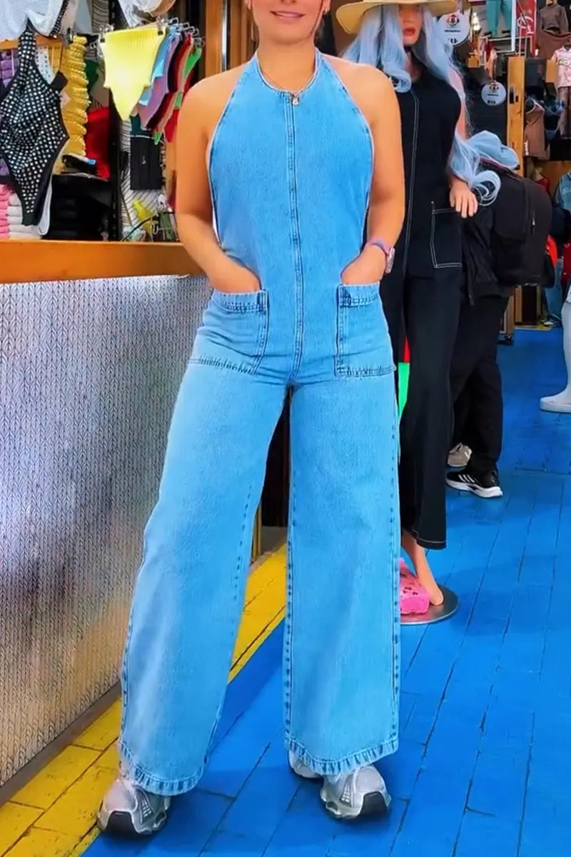 Women Neck Hanging Back Hollow Splicing Casual Denim Jumpsuit