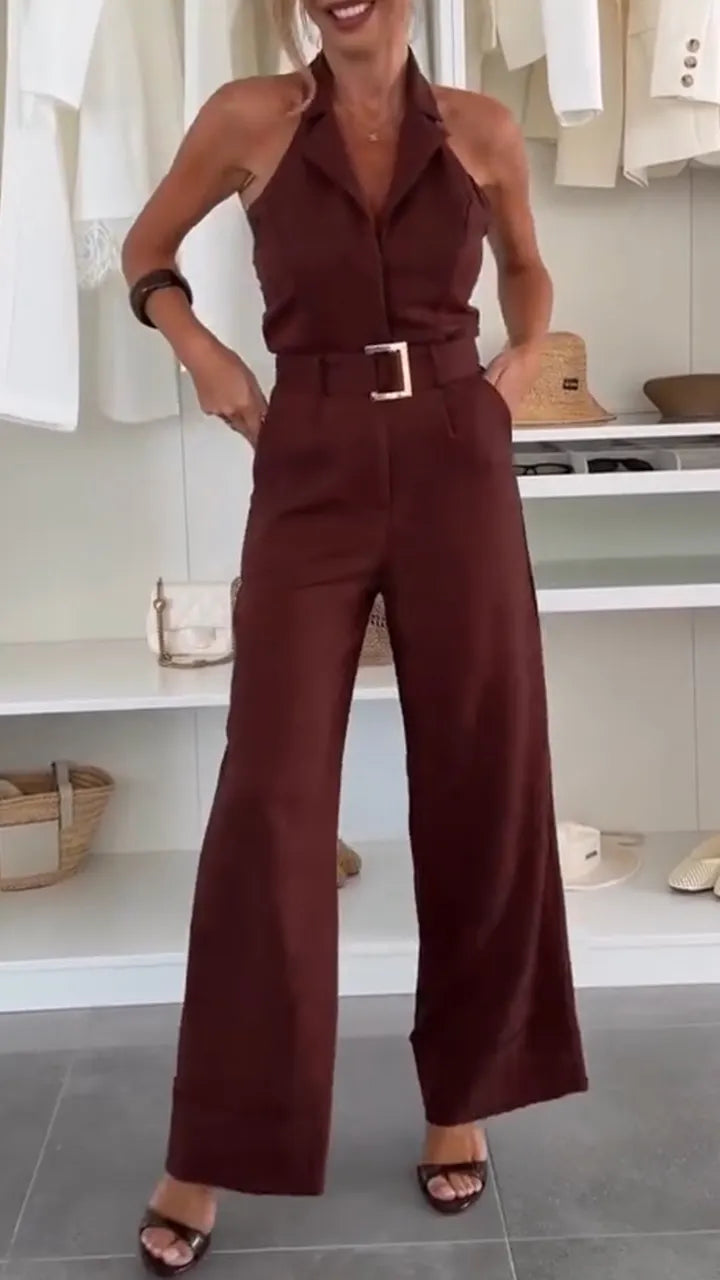 Women Collarless Sleeveless Waist Cinching Temperament Commuter Jumpsuit
