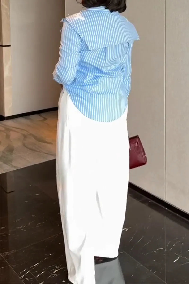 Women Casual Collar Vertical Striped Shirt or White Wide Leg Pants