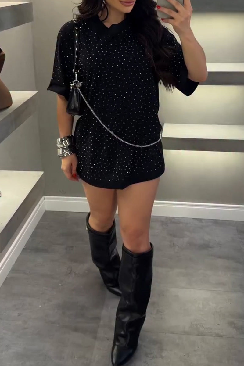 Women's Casual Shiny Rhinestone Loose T-Shirt
