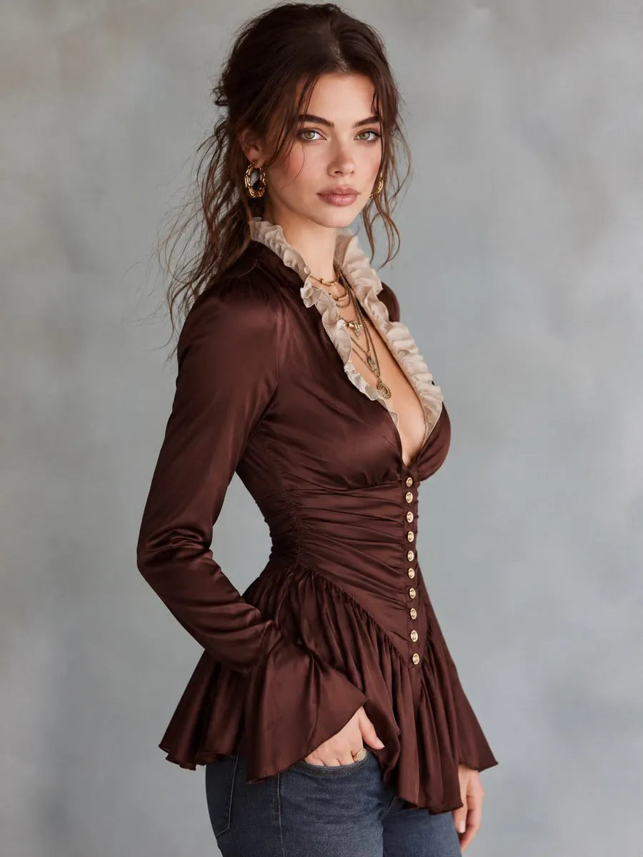 Chocolate Brown Satin Ruffle Collar Plunge Peplum Top With Gold Buttons