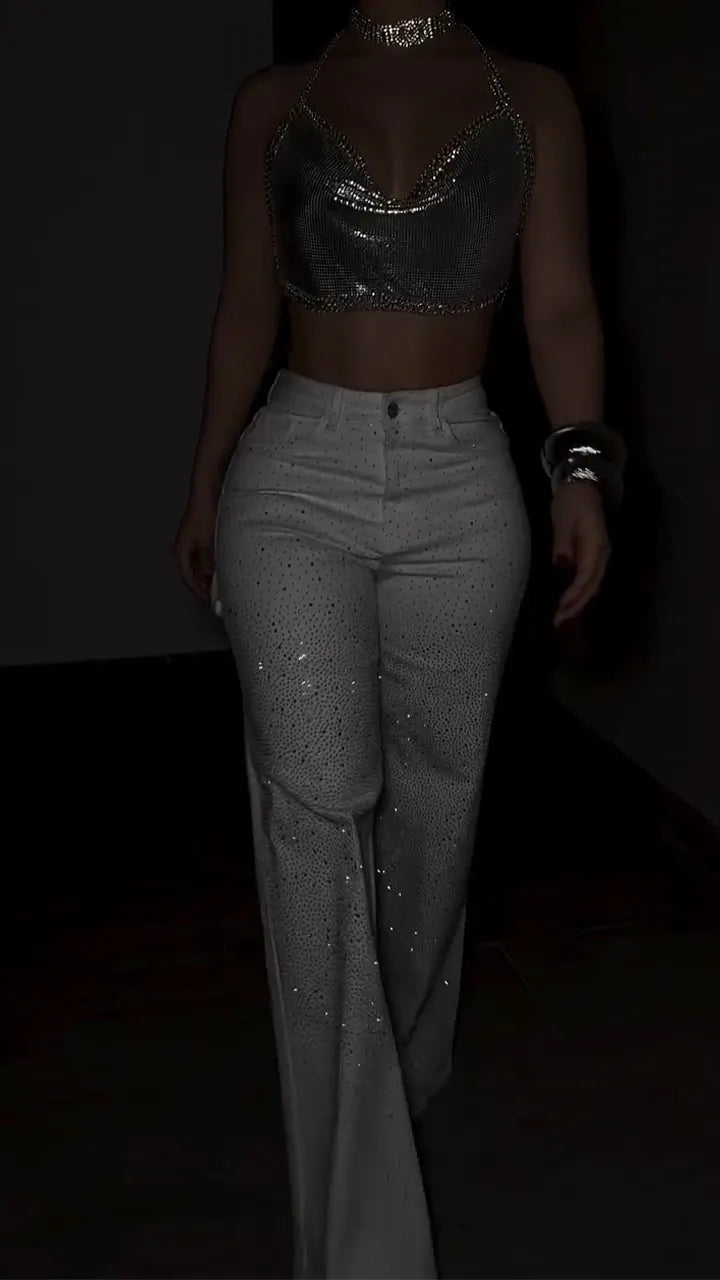 Women Neck Hanging Shiny Top+ Rhinestone Pants Sexy Casual Suit