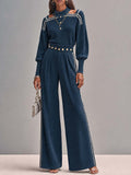 Navy Ribbed Cold-Shoulder Top and Wide-Leg Pants Set with Gold Button Details