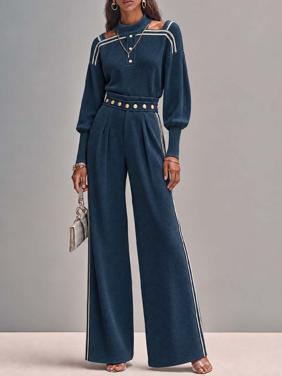 Navy Ribbed Cold-Shoulder Top and Wide-Leg Pants Set with Gold Button Details