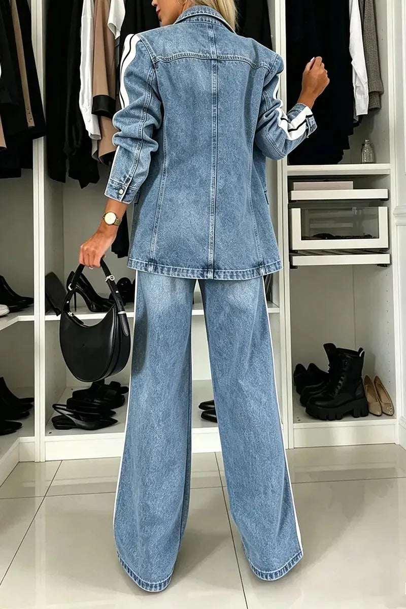 Women Collar Vertical Stripe Washed Denim Jacket + Jeans