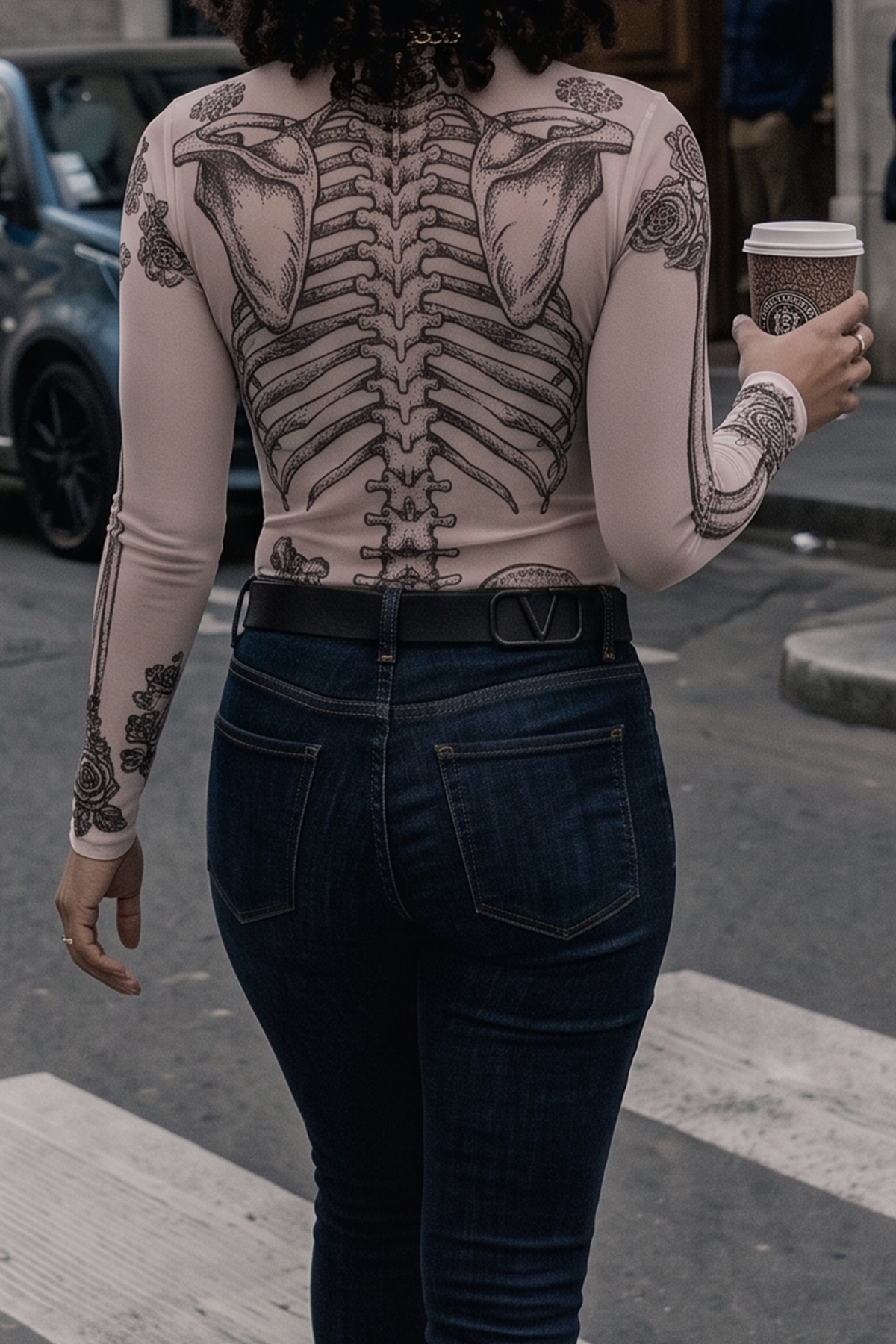Women's Y2K Skull Ribcage Floral Print Sheer Mesh Top Long Sleeve Mock Turtle Neck Sexy See Through Bodycon Shirt