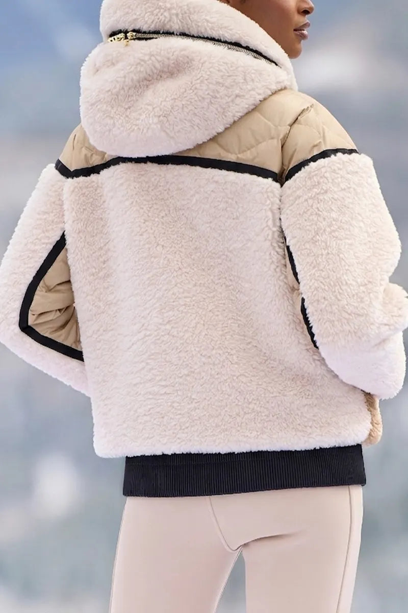 Women's Hooded Patchwork Contrasting Color Casual Plush Coat