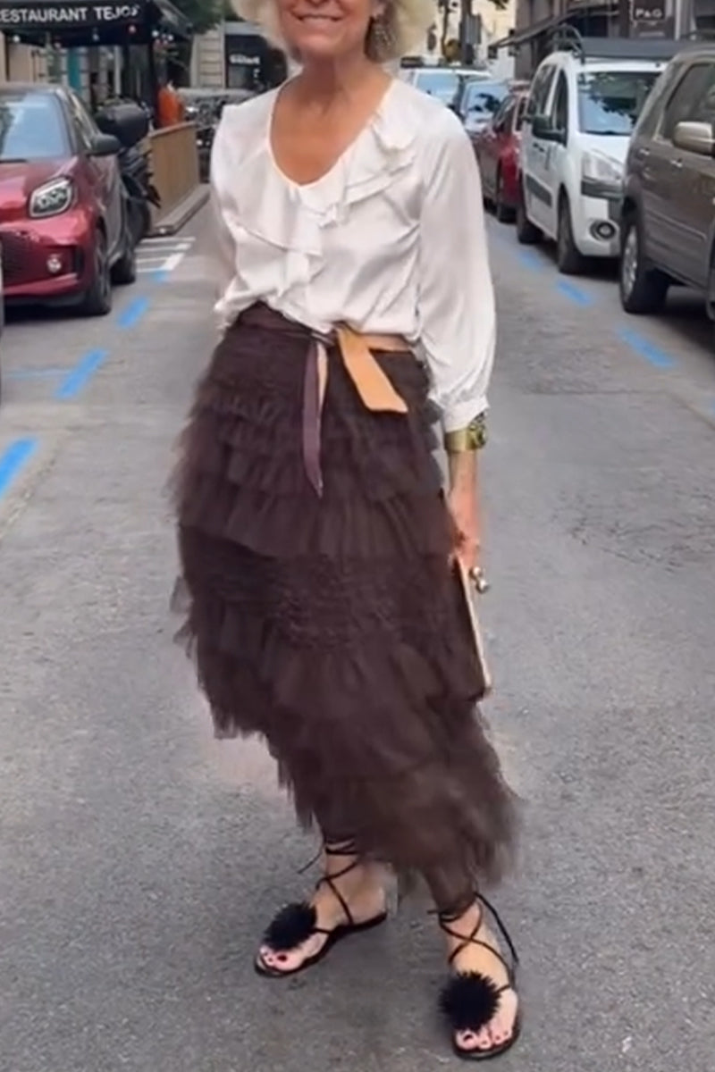 Women's Elegant and Casual Round Neck Spliced Top or Spliced Multi-layer Skirt