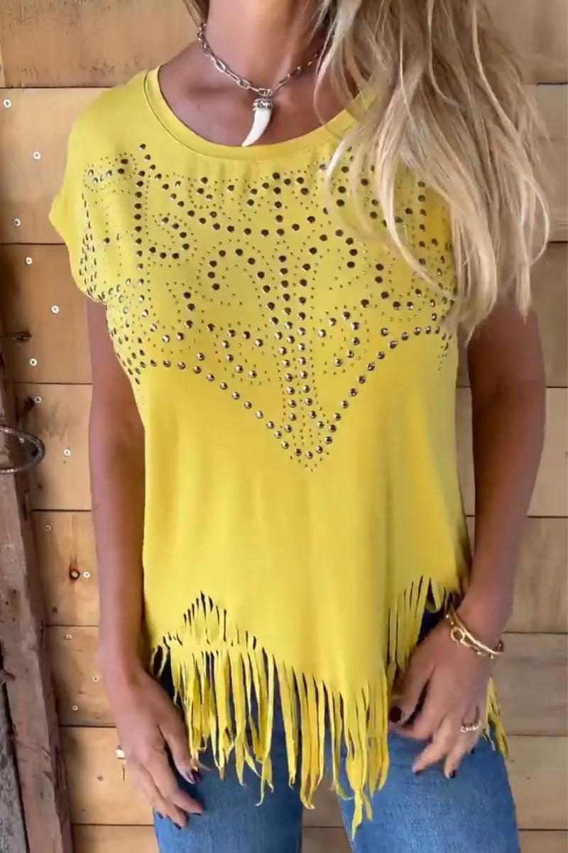 Women's Round Neck Irregular Tassel Rivet Design Casual Top