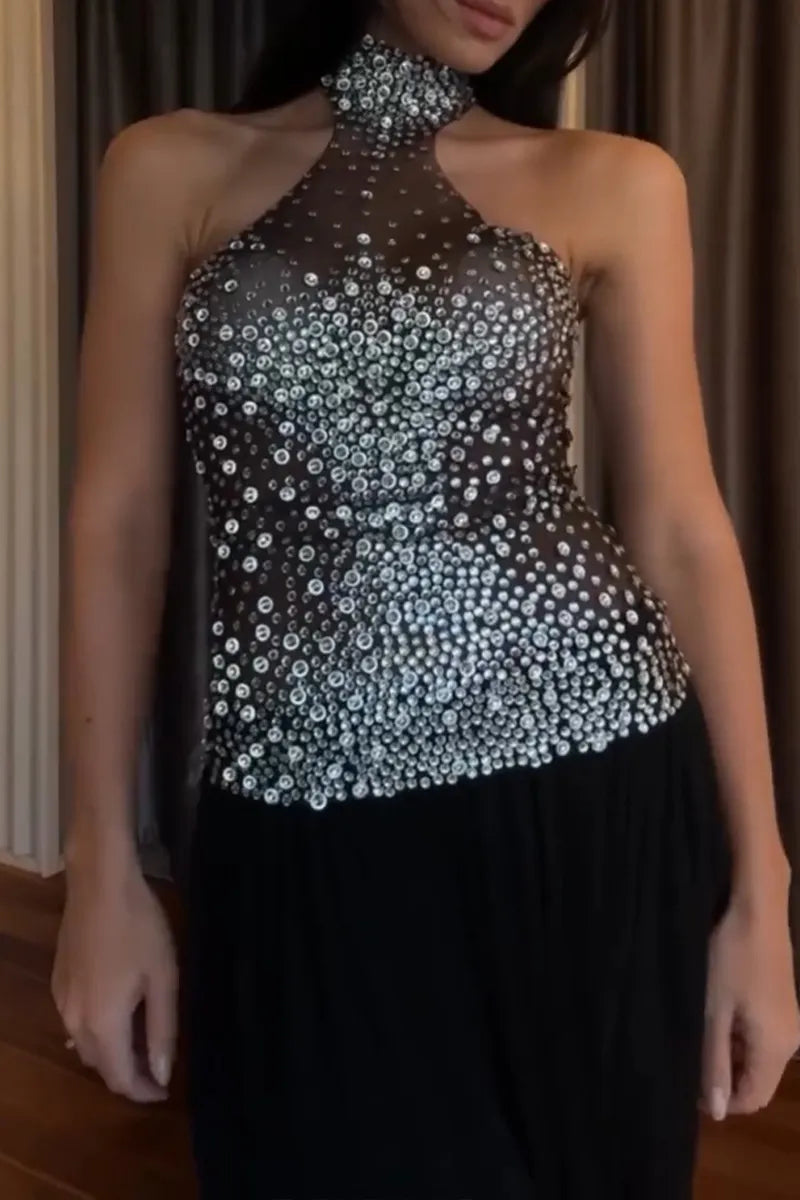 Women's Fashion Rhinestone Mesh Stretch Sheer Vest