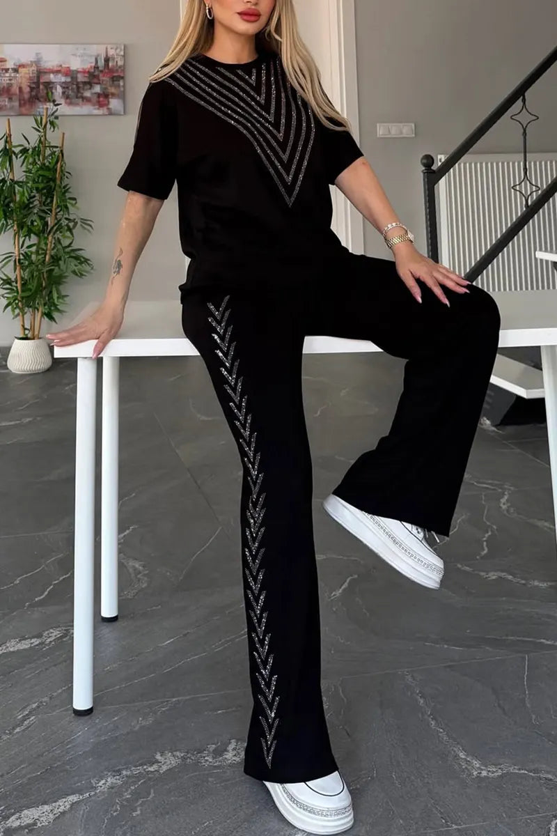 Women Round Neck Rhinestone Splicing Perspective Top+ Pants Casual Suit