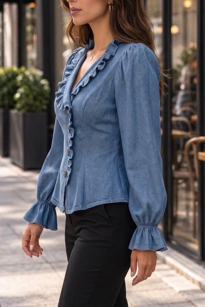 Women's Denim Peplum Top Ruffle V Neck Long Sleeve Button Down Shirt Slim Fit Jean Blouse Elegant Fall Work Office Casual Tops