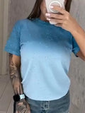 Women Round Neck Rhinestone Gradient Casual Top