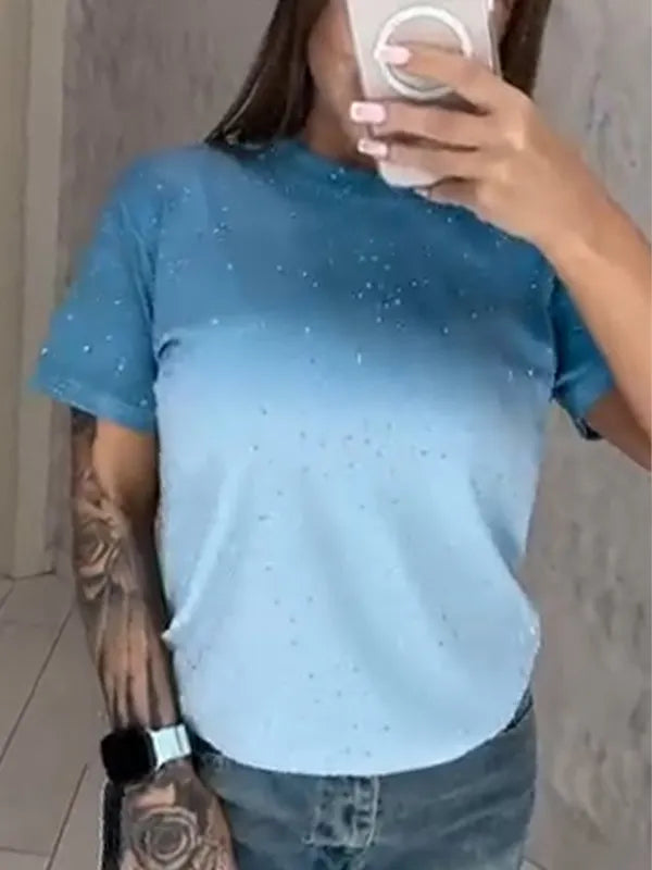 Women Round Neck Rhinestone Gradient Casual Top