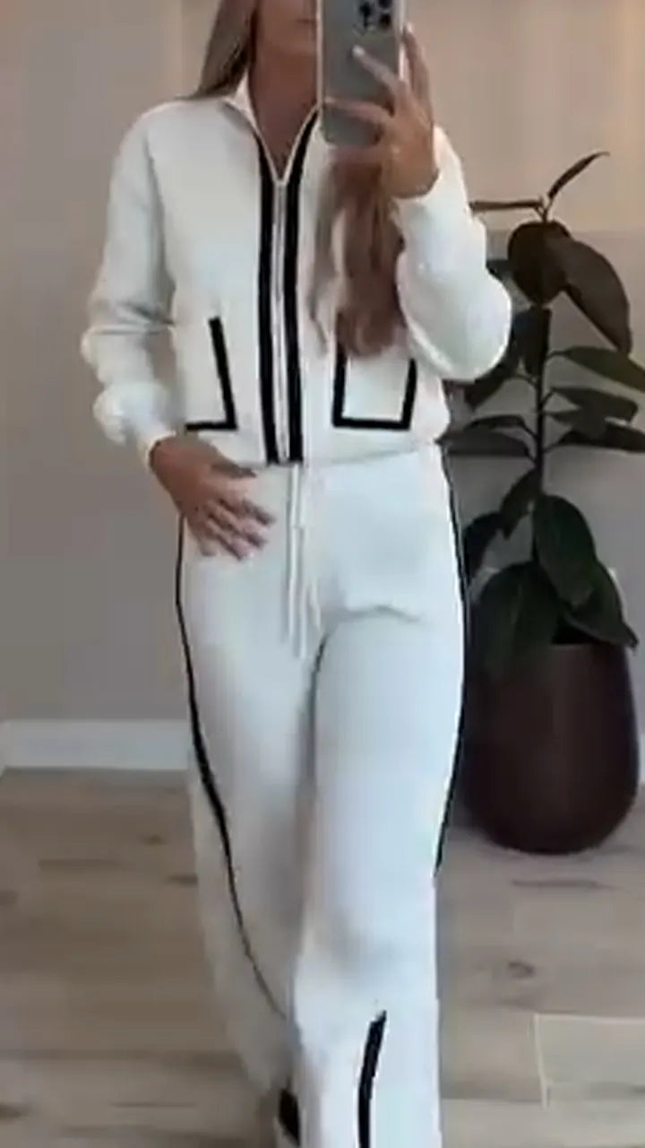 Women Lapel Zipper Jacket + Vertical Pants Casual Suit