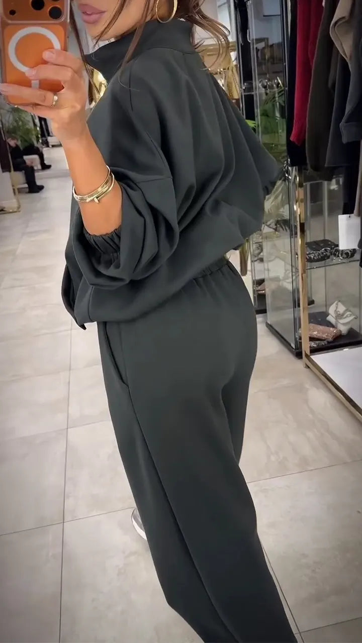 Women Round Neck Jacket+ Pants Casual Suit