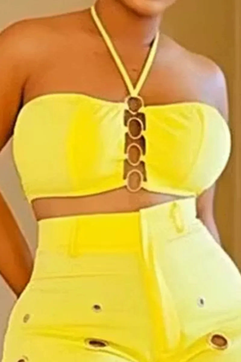 Women's Halter Neck Cutout Cropped Vacation Top Or Loose Fit Cutout Trousers