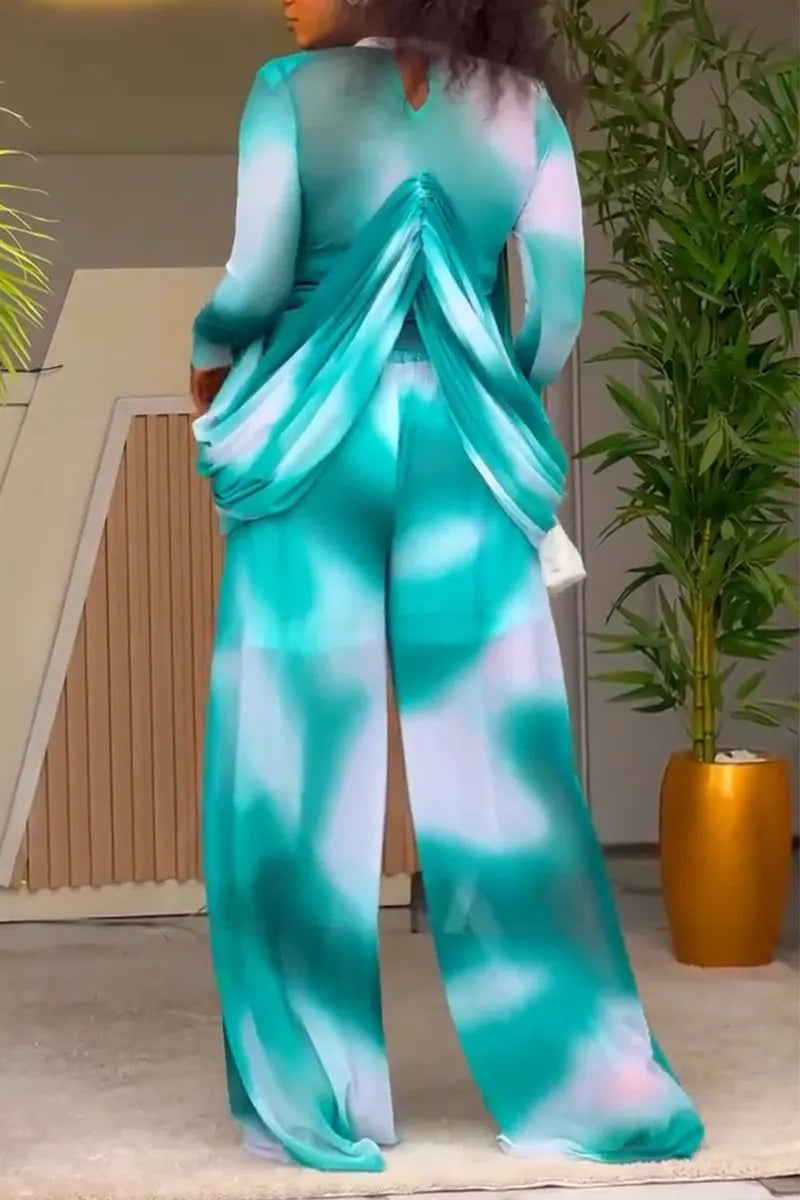 Women Round Neck Patchwork Gradient Blend Top + Wide Leg Pants Elegant Casual Set