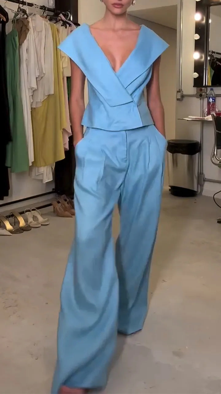 Women V-neck Splicing Top + Pants Solid Color Temperament Casual Suit