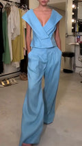 Women V-neck Splicing Top + Pants Solid Color Temperament Casual Suit