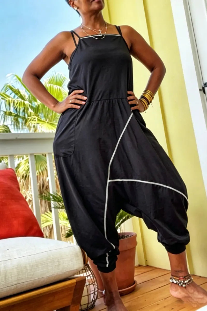 Women Spaghetti Strap Patchwork Loose Casual Jumpsuit