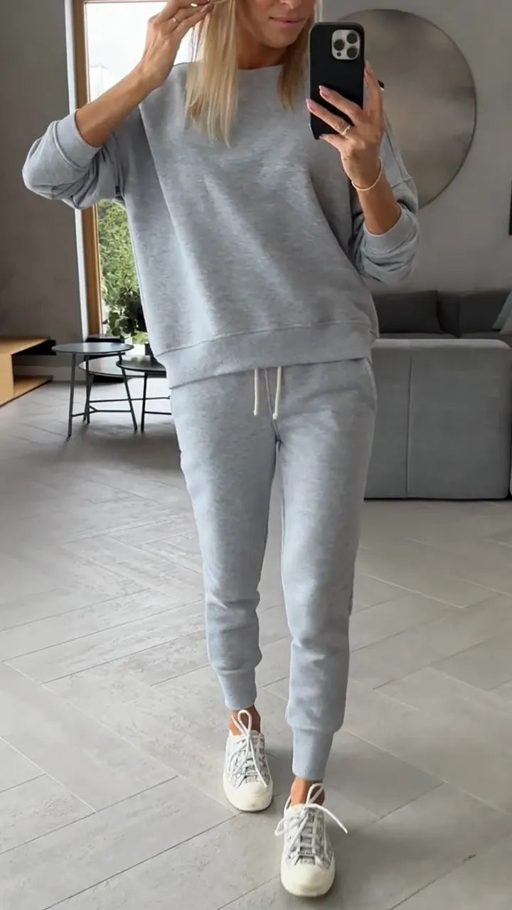 Women Round Neck Top+ Drawstring Pants Solid Color Casual Set