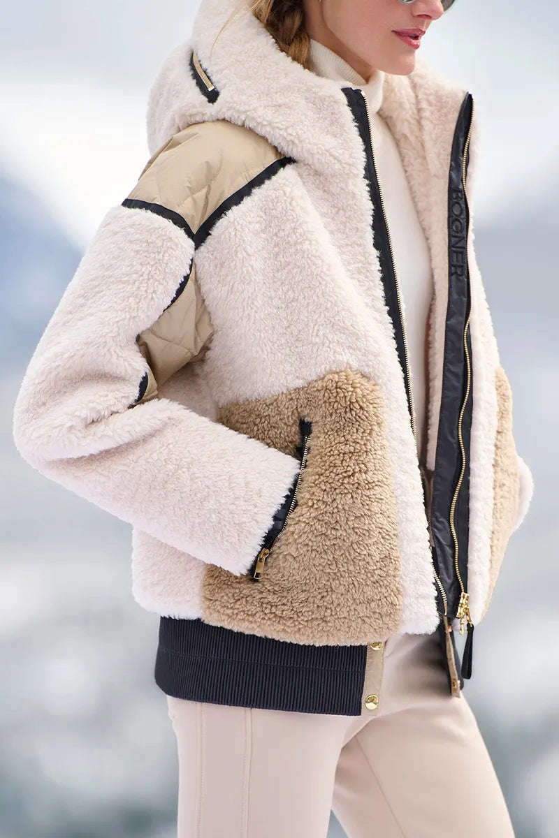 Women's Hooded Patchwork Contrasting Color Casual Plush Coat
