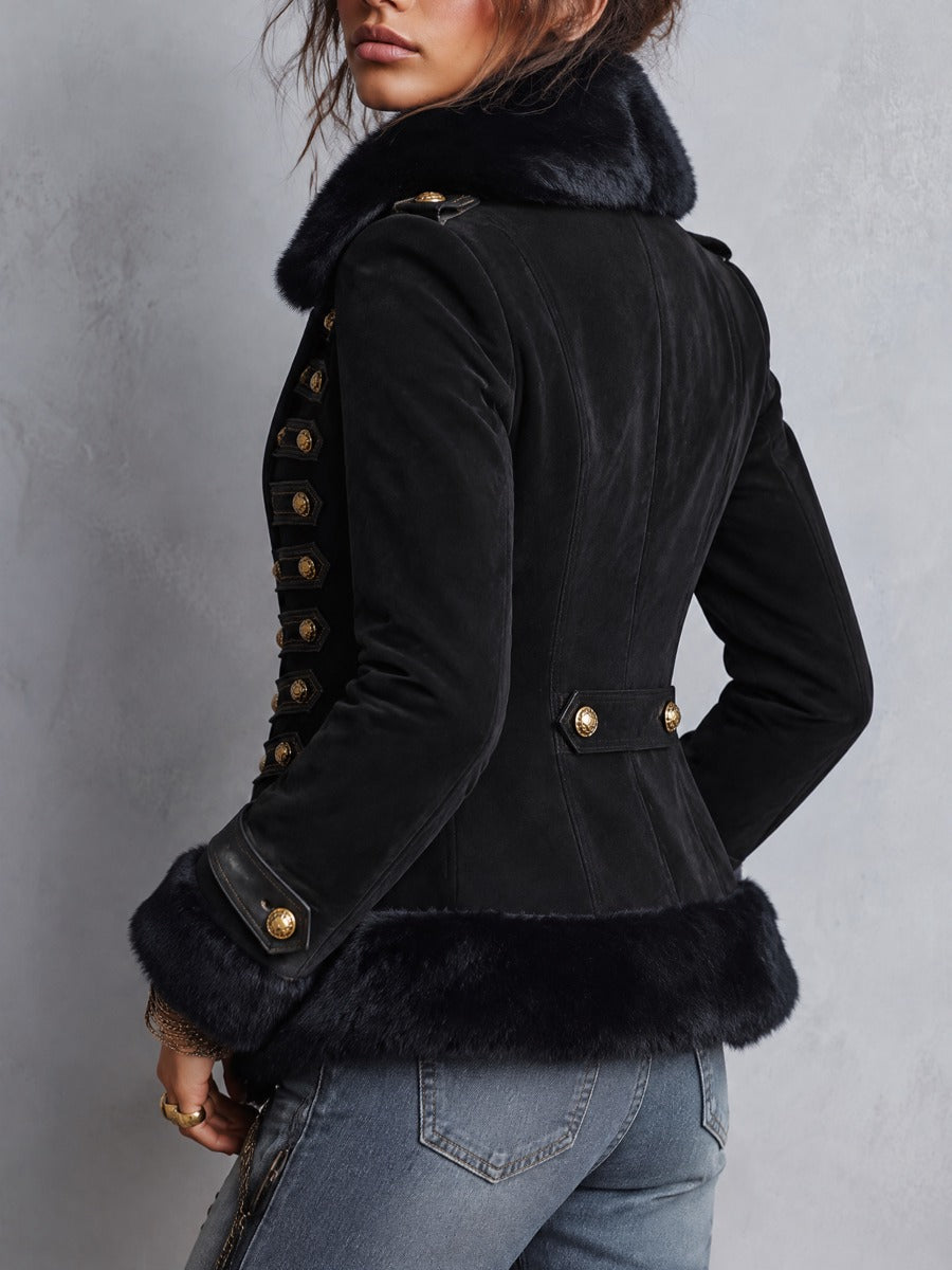 Military Style Faux Fur Collar And Gold Buttons Faux Suede Jacket