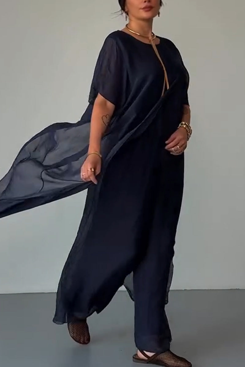 Women Round Neck Irregular Long Chiffon Top+ Wide Leg Pants Casual Suit