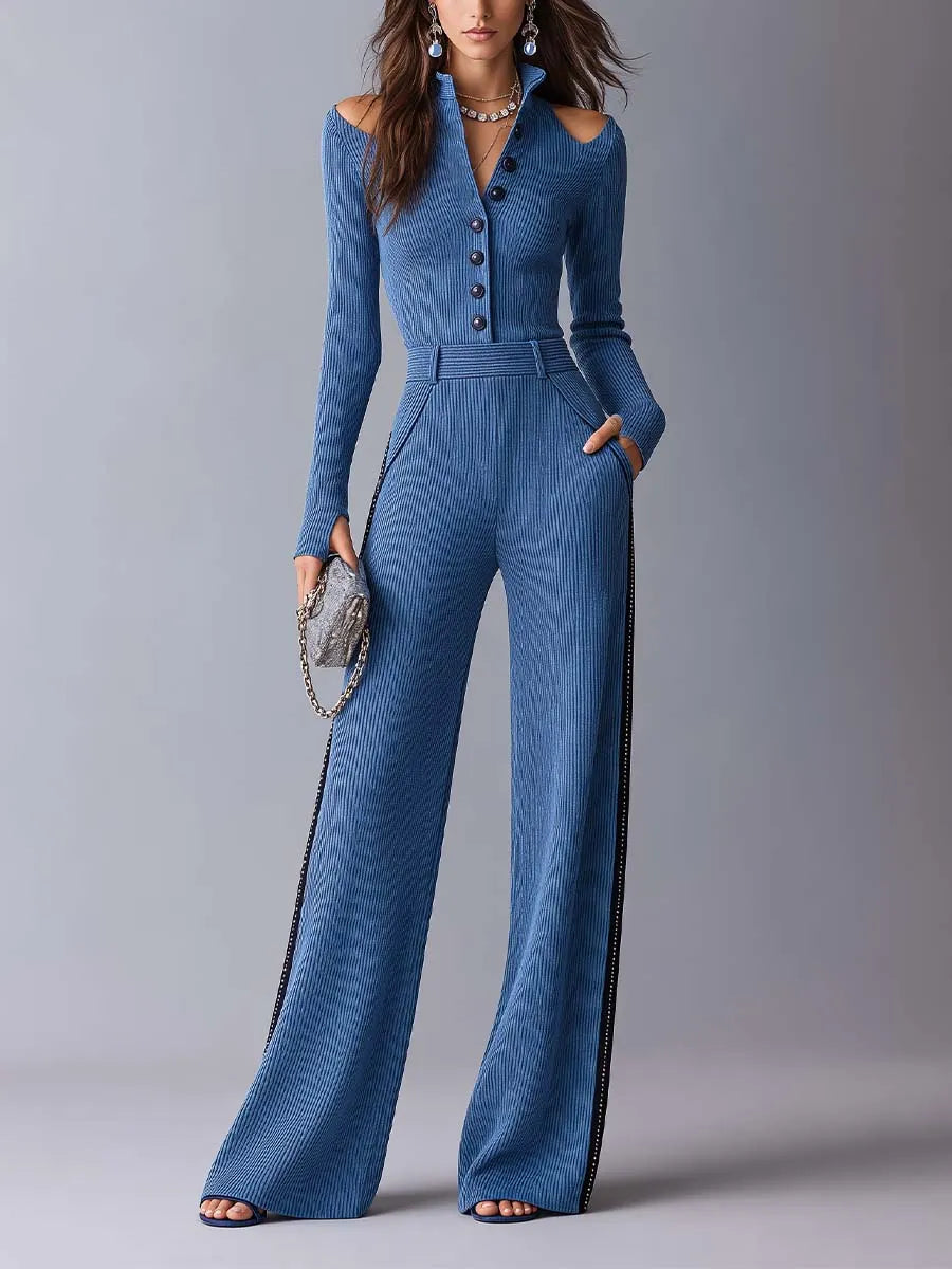 Blue Ribbed Knit Cold-Shoulder Button-Front Wide-Leg Jumpsuit with Contrast Side Stripes