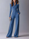 Blue Ribbed Knit Cold-Shoulder Button-Front Wide-Leg Jumpsuit with Contrast Side Stripes