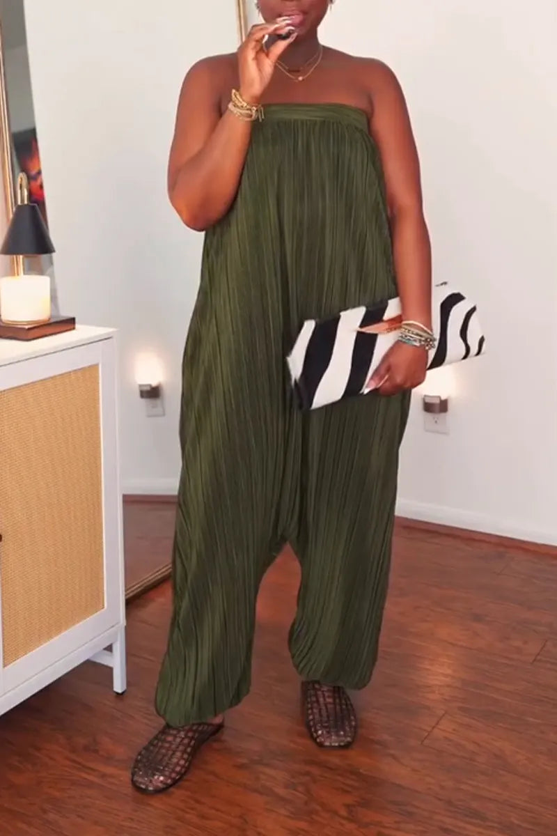 Women Strapless Solid Color Loose Casual Jumpsuit