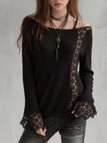 Black Floral Lace Insert Boat Neck Knit Sweater