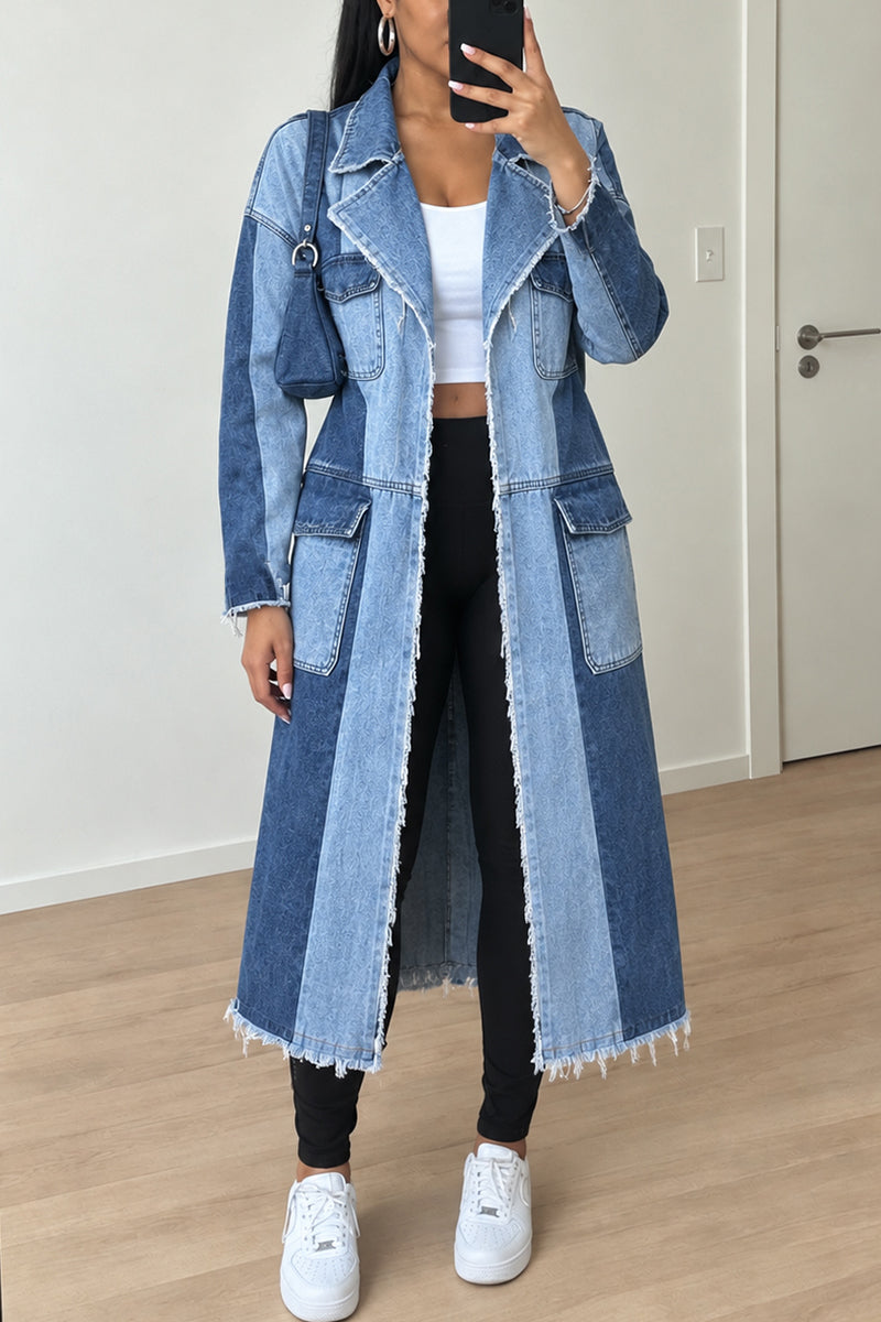 Women's Chic Color Block Frayed Trim Long Blue Denim Trench Coat