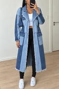 Women's Chic Color Block Frayed Trim Long Blue Denim Trench Coat