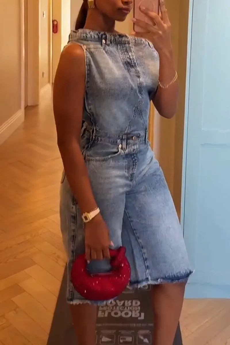 Women Patchwork Washed Denim Jumpsuit
