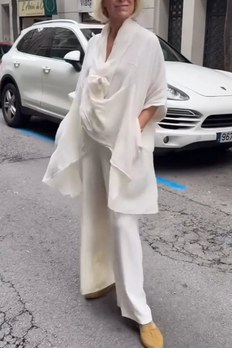 Womens V-neck Top+ Wide Leg Pants Loose Casual Suit