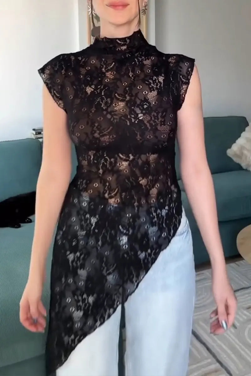 Women's Casual Asymmetric Hem Lace Slim Vest