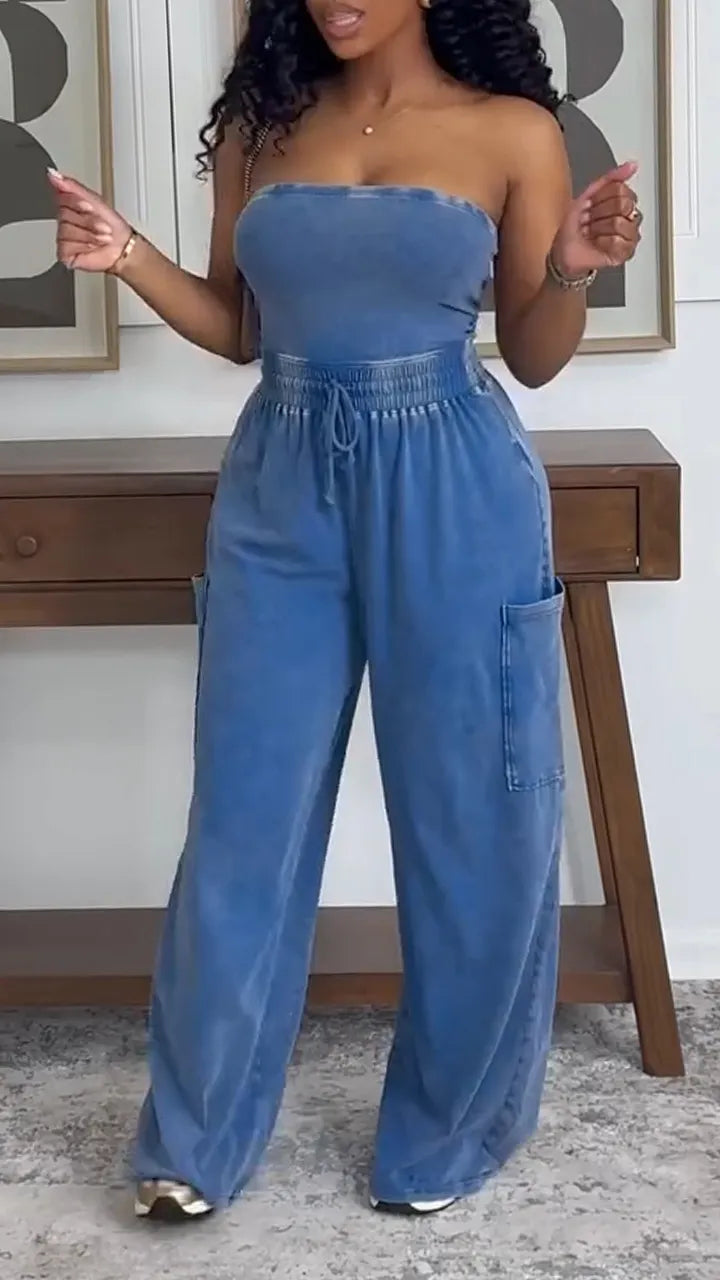 Women Strapless Patchwork Casual Denim Jumpsuit with Temperament