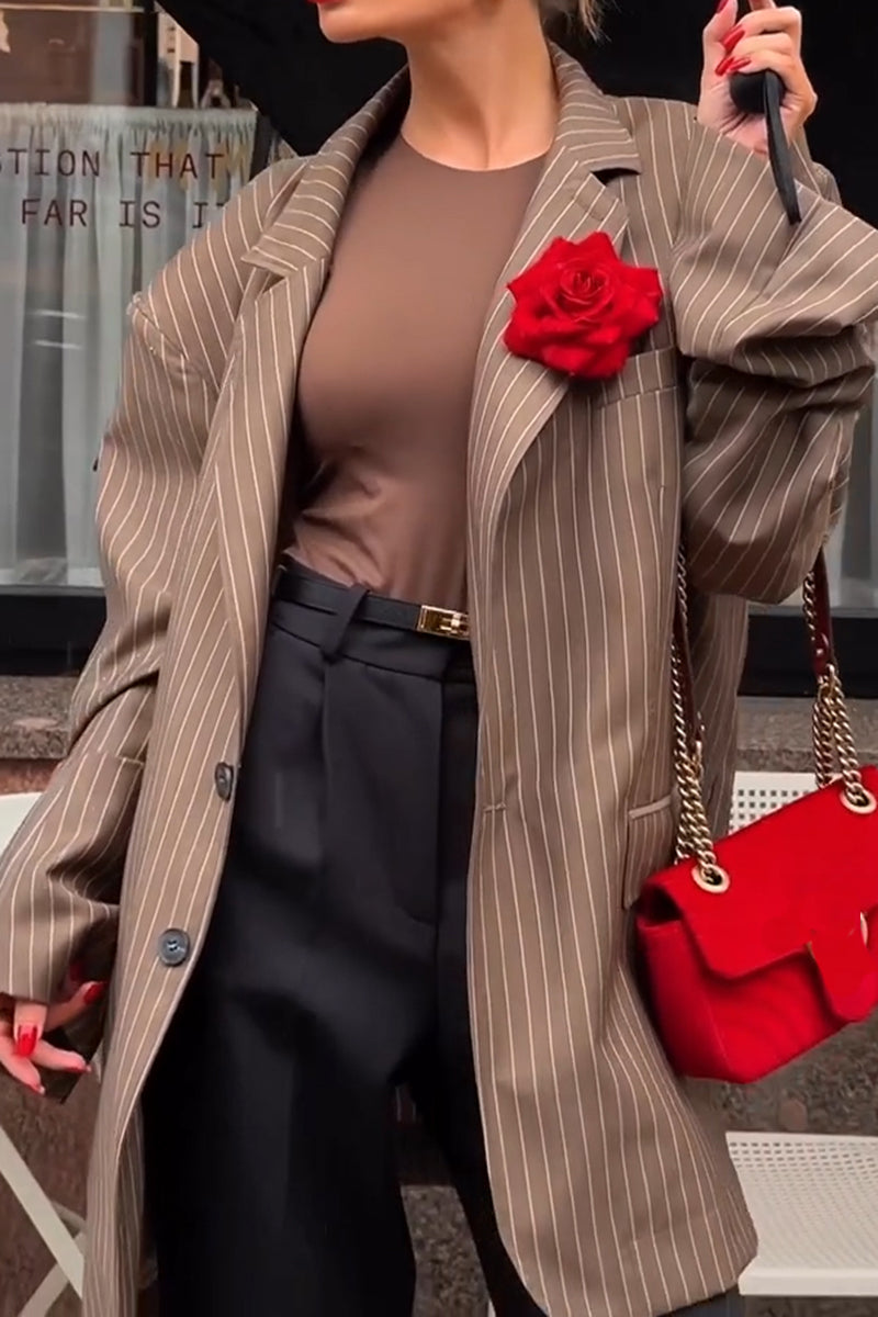 Women's Lapel Oversized Stripe Blazer with Flower