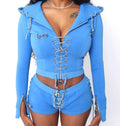 Womens Hooded Cross Drawstring Top+ Pants Casual Suit