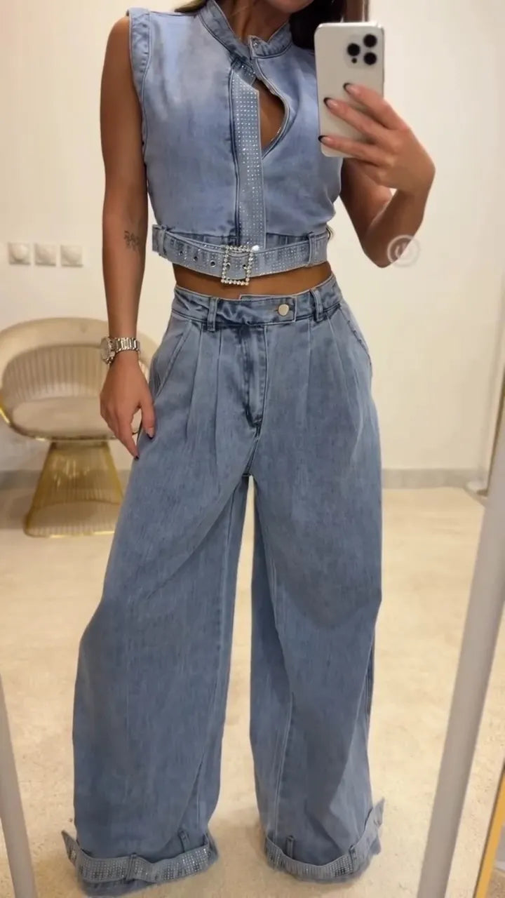 Women Round Neck Rhinestone Top + Pants Casual Denim Suit