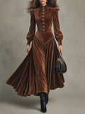 Vintage Brown Velvet Puff Long Sleeves Maxi Dress with Button Front