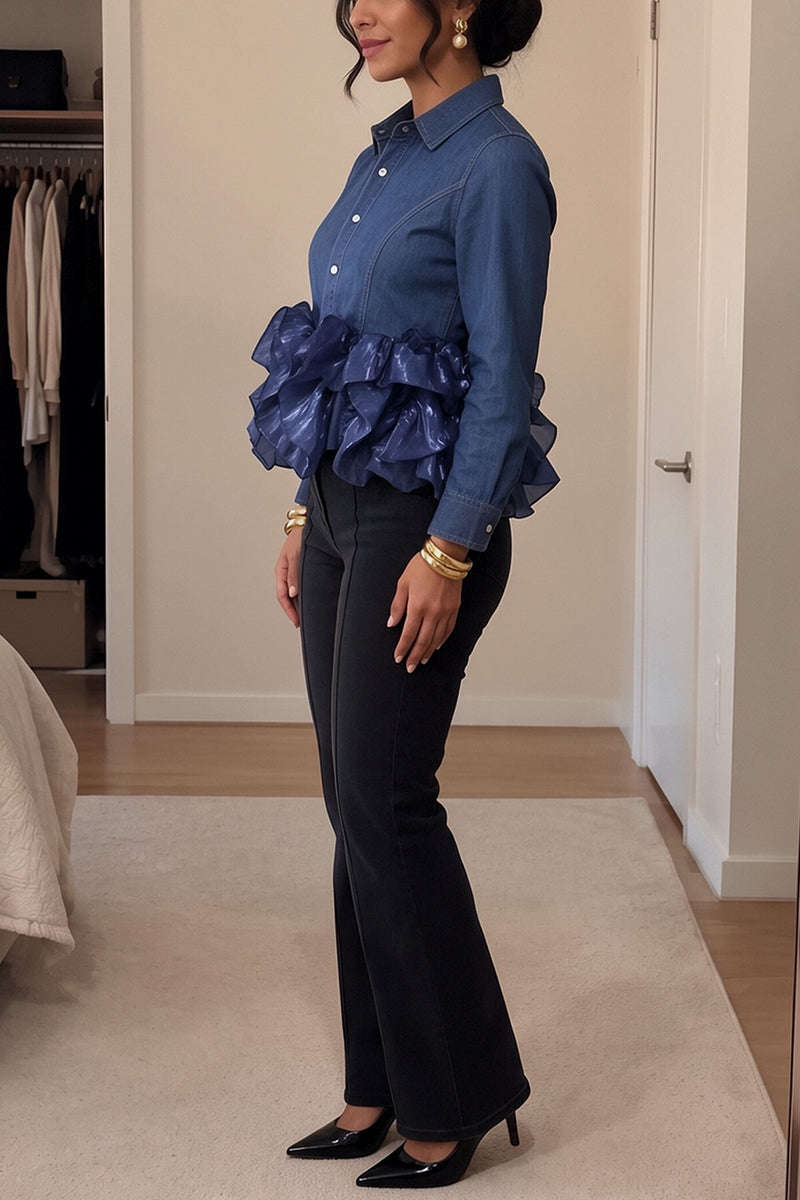 Women's Chic Button Down Denim Ruffle Hem Blue Shirt