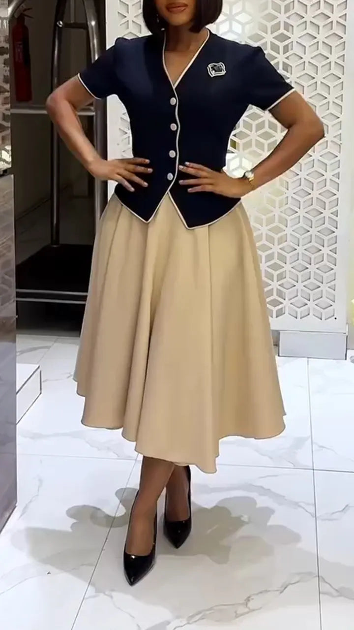 Women V-neck Breasted Top + Half Skirt Casual Outfit with Temperament
