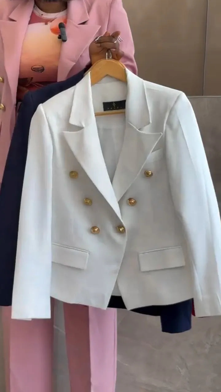 Women Collar Double Row Buckle Blazer + Pants Temperament Commuting Suit